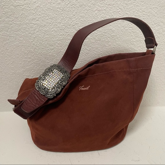 FOSSIL •Brushed Canvas/Wide Leather Strap Shoulder Bag with Rhinestone Buckle - Picture 4 of 12